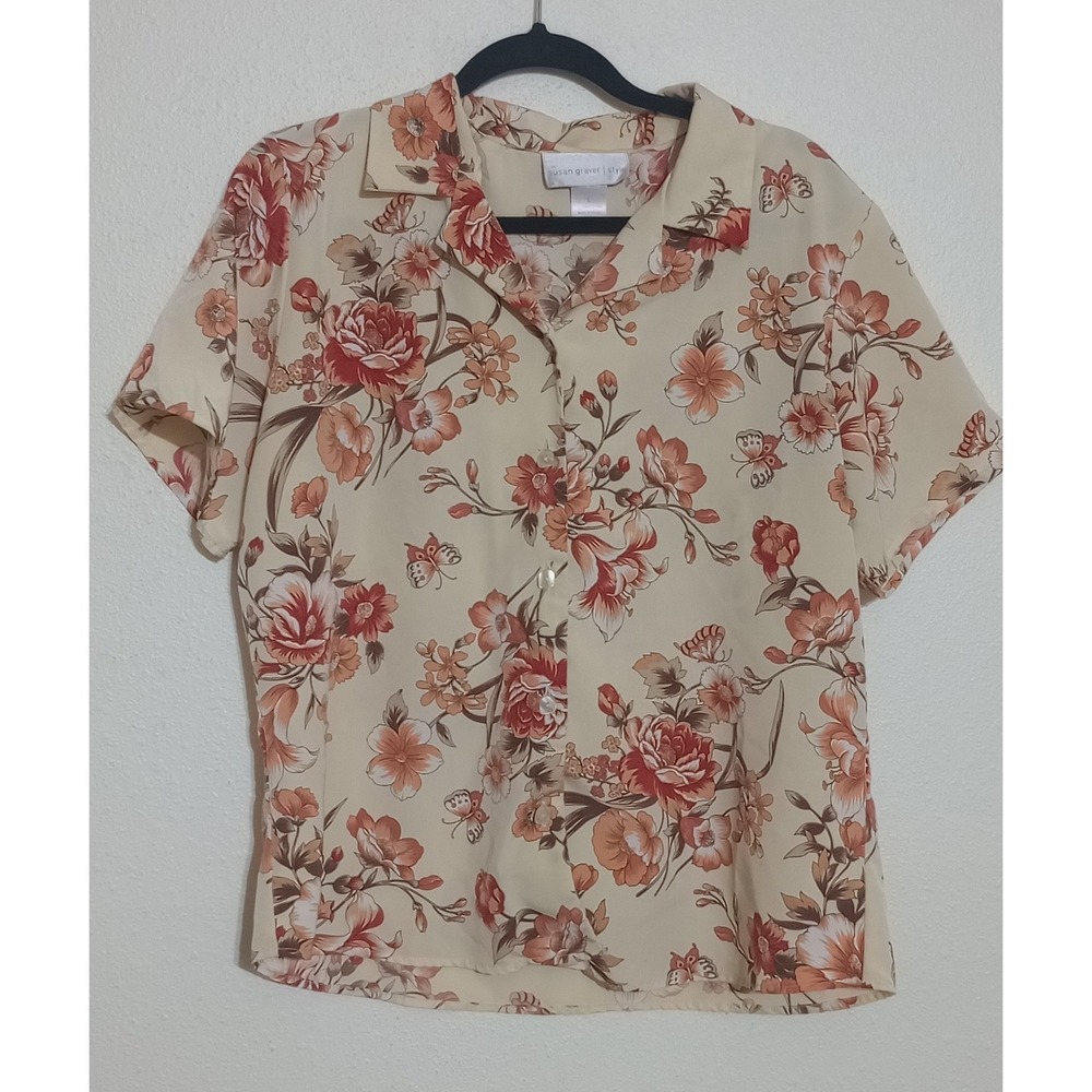Susan Graver Style Floral Butterfly Button Down Blouse Yellow Large A46859